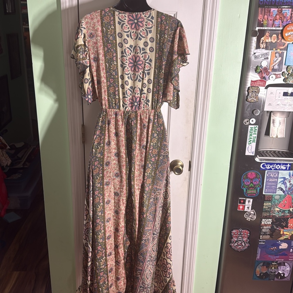Bohemian Floral High-Low Flutter Sleeve Spring Summer Fall Flowy Dress Size M-L - Picture 10 of 13